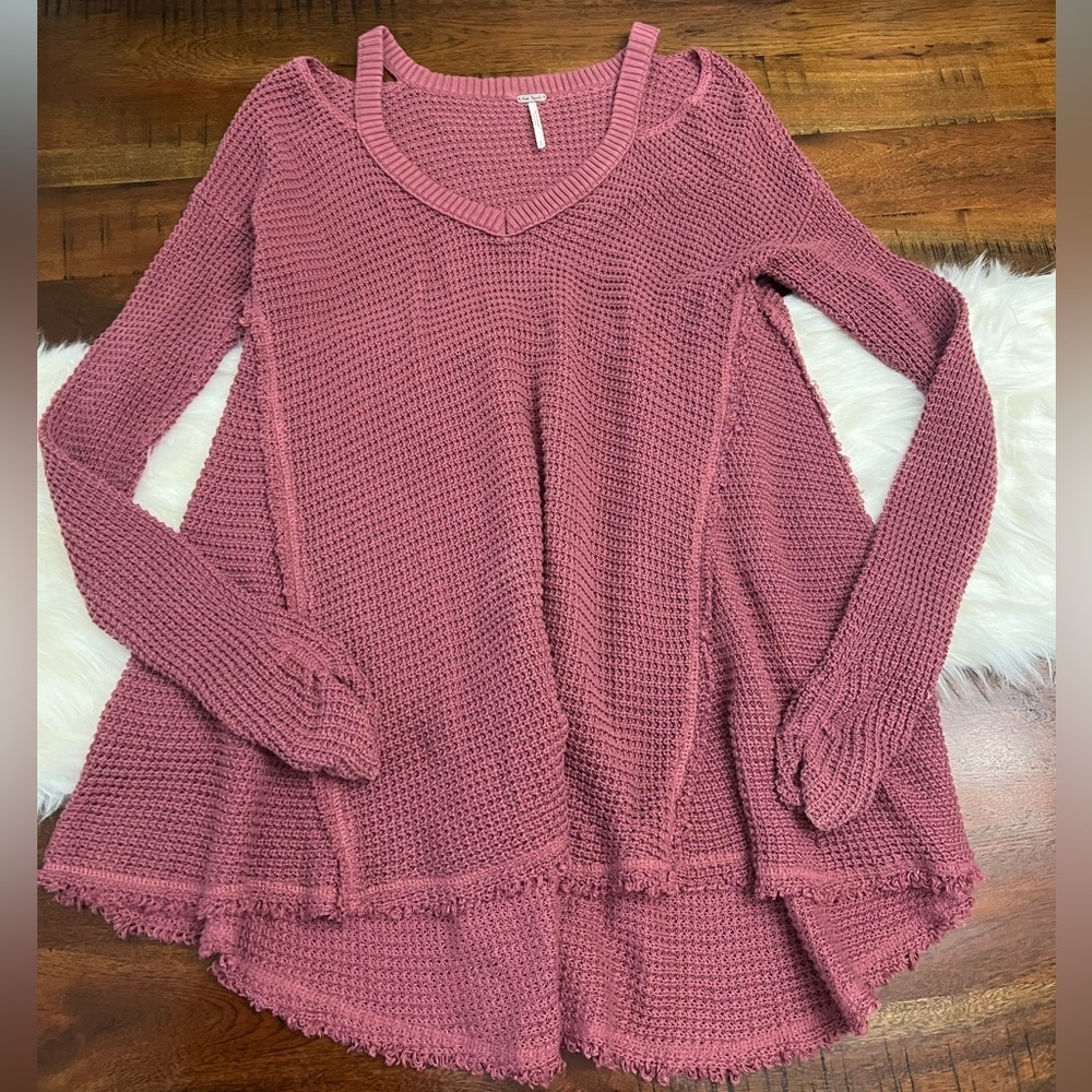 Free People Moonshine V-Neck Oversized Sweater Mauve Pink Cotton